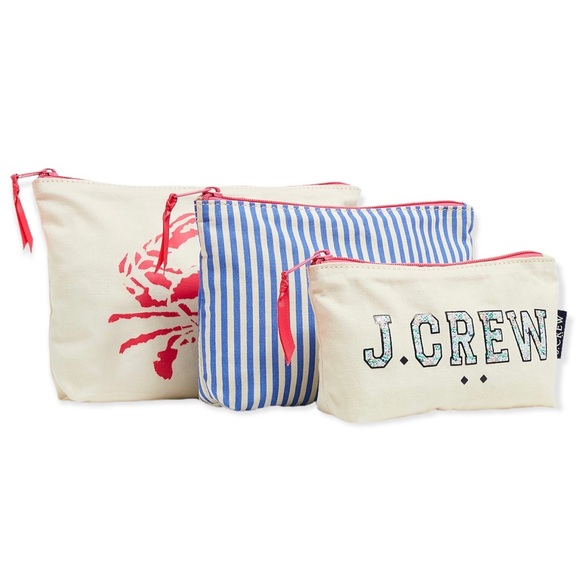 J. Crew Handbags - J. CREW Canvas Pouches Set of Three Crab Logo Stripe Set Zippered Cosmetic Bags